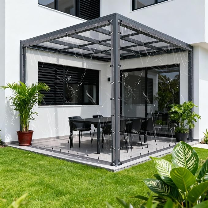 16x24 FT Clear Vinyl Patio Enclosure Panels - Heavy Duty Waterproof Clear Tarps with Reinforced Edges & Grommets for Temporary Winter Porch Enclosure & Deck Enclosure