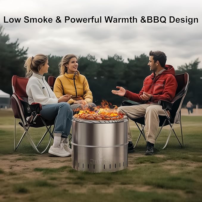 19 inch Stainless Steel Smokeless Fire Pit with Grill, Outdoor Smokeless Firepit, Wood Burning Fire Pits for Camping, Bonfire, Low Smoke Firepit for Outside (Vertical Hole)