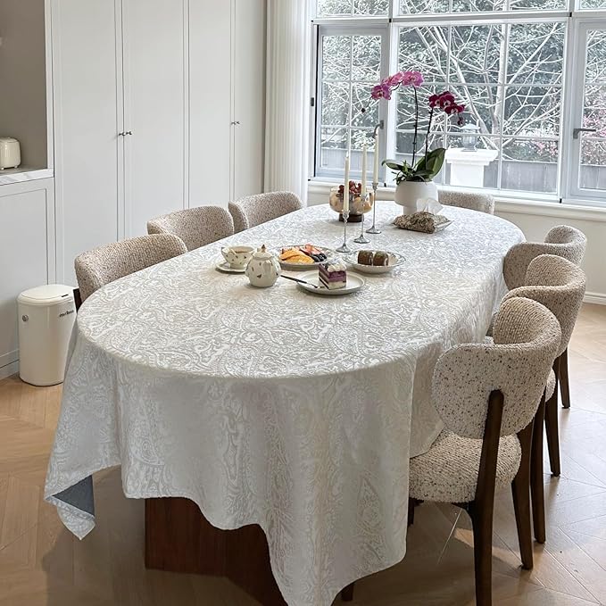 French Rectangle Tablecloth, Luxurious Retro Jacquard Waterproof Washable Table Cloth, Elegant Table Cover for Dining Party Wedding Baby Shower Kitchen (72''x54'', Milky White)