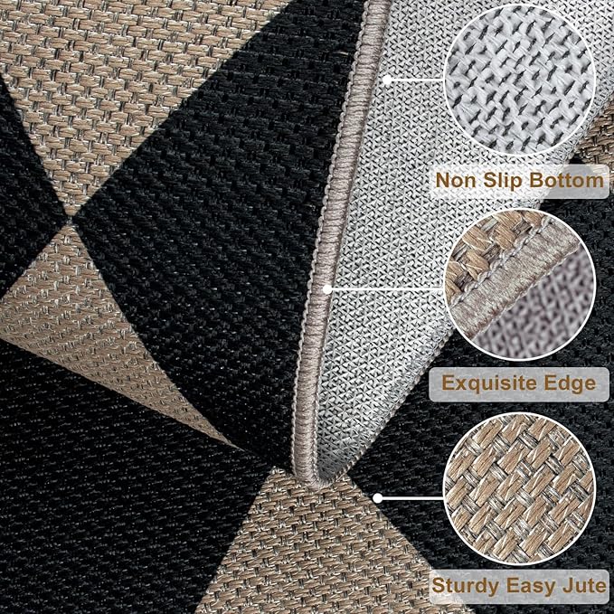 Easy Jute Checkered Area Rug, 4x6 Black Modern Washable Rugs for Living Room Non-Slip Low Pile Entryway Mat, Farmhouse Diamond Indoor Outdoor Carpet for Kitchen Backyard Bedroom Office