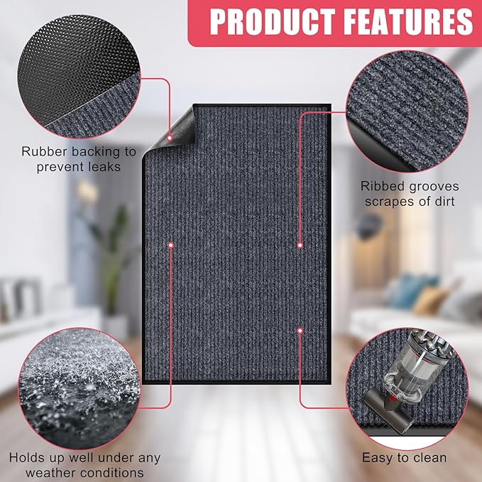 Kuyal Front Door Mat, 3'x6' Indoor Outdoor Entrance Mat, Commercial Floor Mats Inside Outside Entrance, Heavy Duty Durable Welcome Mats, Rubber Backing Non Slip Outdoor Mats for Entryway,Dark Gray