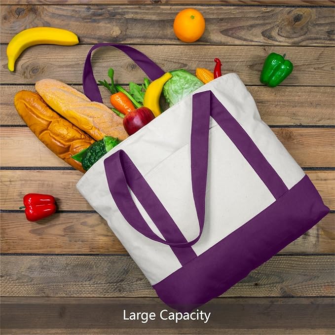 TOPDesign 3-Pack Canvas Tote Bags with an External Pocket, Reusable Grocery Shopping Bags, Top Zipper Closure, Daily Essentials (Purple/Natural)