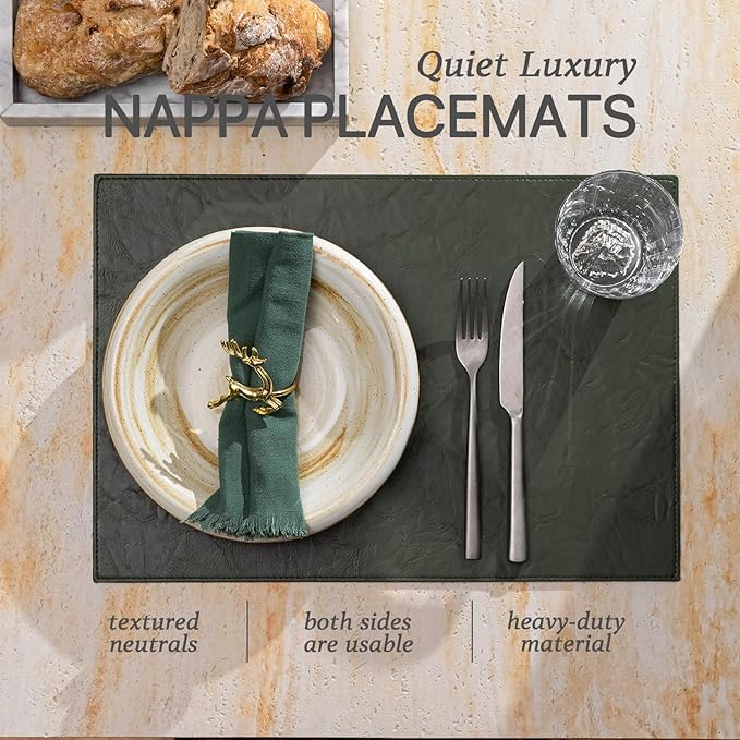 Faux Leather Placemats Set of 6 Vinyl Washable Wipeable Table Mats for Kitchen Dining Table Heat Resistant Waterproof Indoor/Outdoor Placemats Non-Slip Easy Clean Place Mats (Olive Green)