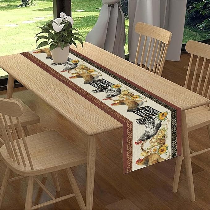 Farmhouse Rooster Table Runner, Rustic Vintage Chicken Egg Sunflower Floral Cow Hen Red Coffee Table Center Decor for Family Kitchen and Dining Room Outdoor Country Party Table Decorations, 13"x36"