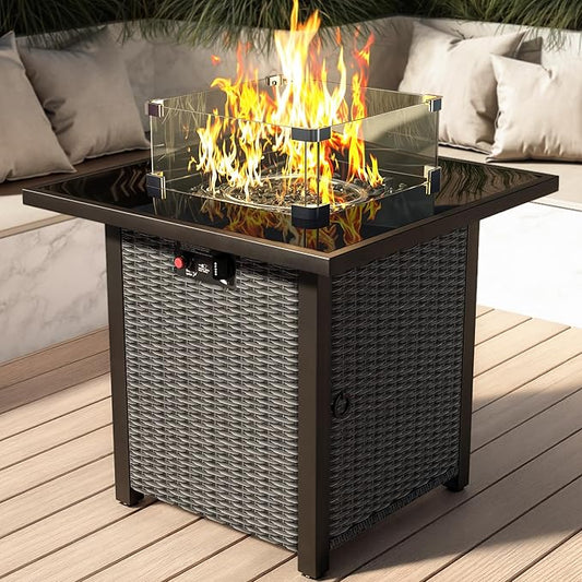 Propane Outdoor Fire Pit Table, 28" Rattan Square Fire Pit Table, Outdoor Gas FirePit W/Glass Wind Guard, Tempered Glass Tabletop, Lid, CSA Listed, 50,000 BTU, Outside Patio Deck & Garden, Black