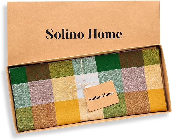 Solino Home Linen Checkered Table Runner 132 Inches Long - 100% Pure Linen Buffalo Check Fall Multicolor Table Runner 14 x 132 Inch Ideal for Dining