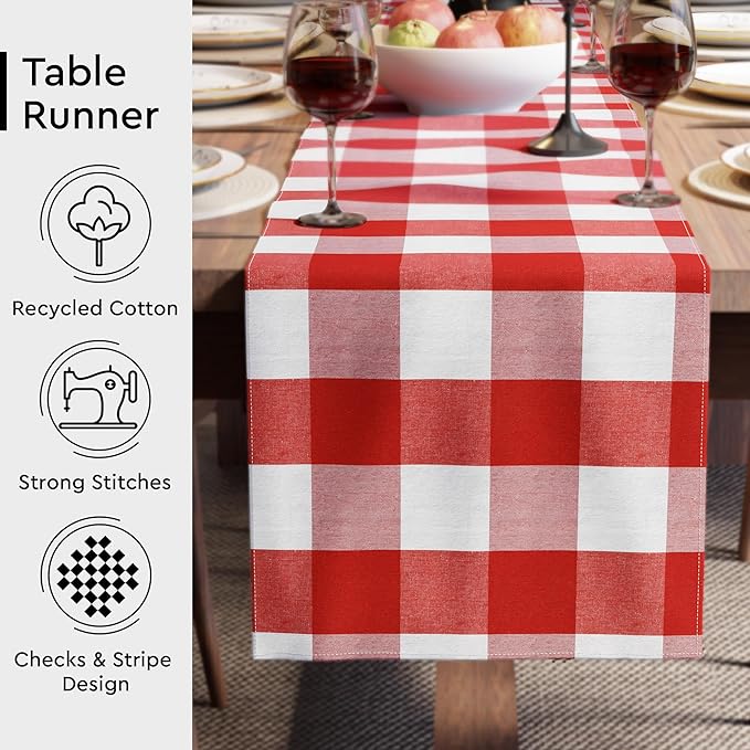 Encasa XO Cotton Dining Table Runner | Buffalo Red Checks | Size 13x72 in - Machine Washable & Durable