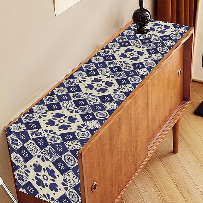Mexican Table Runner, Blue Floral Birds Mexico Talavera Ceramic Dia De Los Muertos Coffee Table Center Decor for Family Home Kitchen and Dining Farmhouse Indoor Outdoor Table Decorations, 13" X 108"
