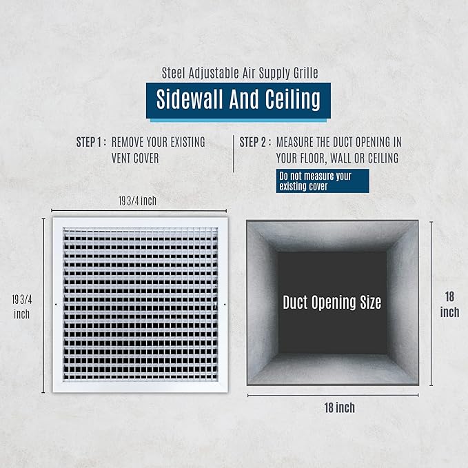 Fits 18x18 Duct Opening Steel Adjustable Air Supply Grille by Handua | Register Vent Cover Grill for Sidewall and Ceiling | White | Outer Dimensions: 19.75" X 19.75"