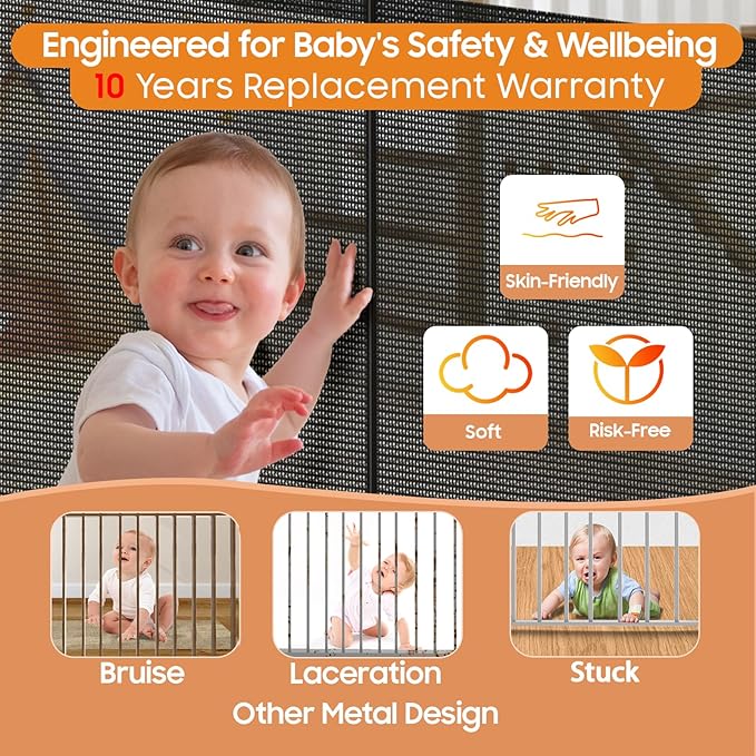Retractable Baby Gates - 200" Extra Wide Retractable Dog Gate, 42" Extra Tall Mesh Gate Pet Gate with Support Rods, Long Child Safety Gate for Stairs Doorways Indoor Outdoor Large Openings - Black
