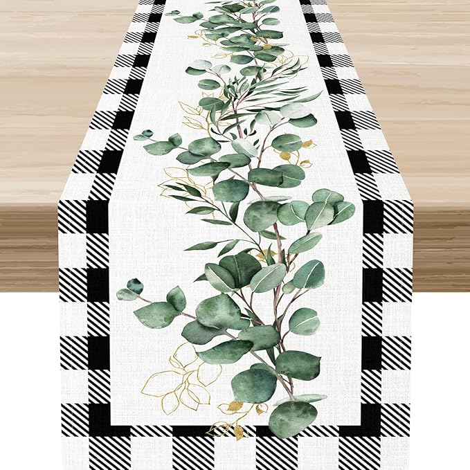 Green Eucalyptus Table Runner, Farmhouse Spring Plants Leaves Checkered Baffalo Plaid Rustic Country Greenery Cafe Coffee Table Center Decor for Home Kitchen Dining Patio Indoor Outdoor, 13"x90" Inch
