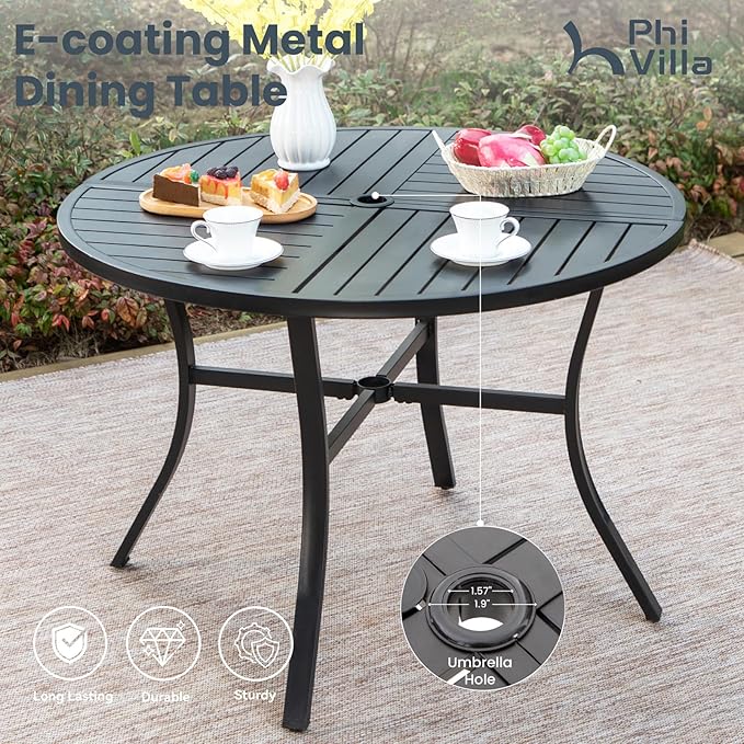 PHI VILLA 5 Piece Outdoor Patio Dining Set, 42 Inch Round Patio Table Set with 4 Adjustable High Back Folding Patio Sling Chairs, Grey