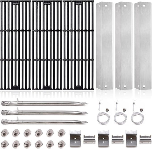 Adviace Grill Replacement Parts for Char Griller 5050, 5650, 2121, 3001, 5072, 2123, 2828, 3030, King Griller 3008, 5252, Cast Iron Grill Grates, Stainless Steel Heat Plate Shields, Burners, Ignitors.