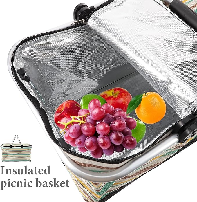 GALPADA Insulated Picnic Basket Multi-Function Cooler Bag for Outdoor Dining Foldable Thermal Tote Thick Aluminum Film Yellow-Green Pattern Without Ice Pack