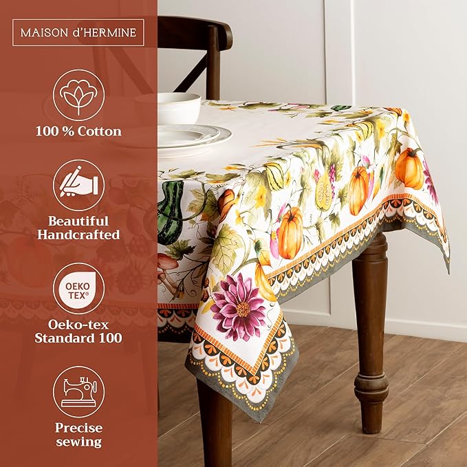 Maison d' Hermine Table Cloth Square Table 100% Cotton 54 x 54 Inches Fall Tablecloth Reusable Everyday Use for Thanksgiving Christmas Decorations Dining Farmhouse (Pumpkin Garden - Cloudy Cream)