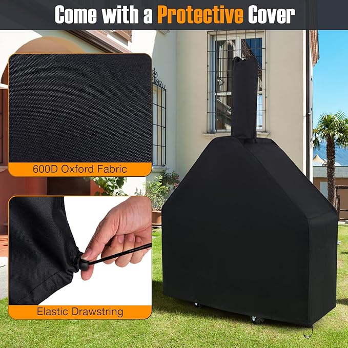 Giantex Pizza Oven Outdoor - Wood Fired Pizza Oven with 2 Side Tables, Pizza Stone, Pizza Peel, Cover, Cooking Grids, Pizza Maker on Wheels for Outside Charcoal Grill Backyard Party Camping