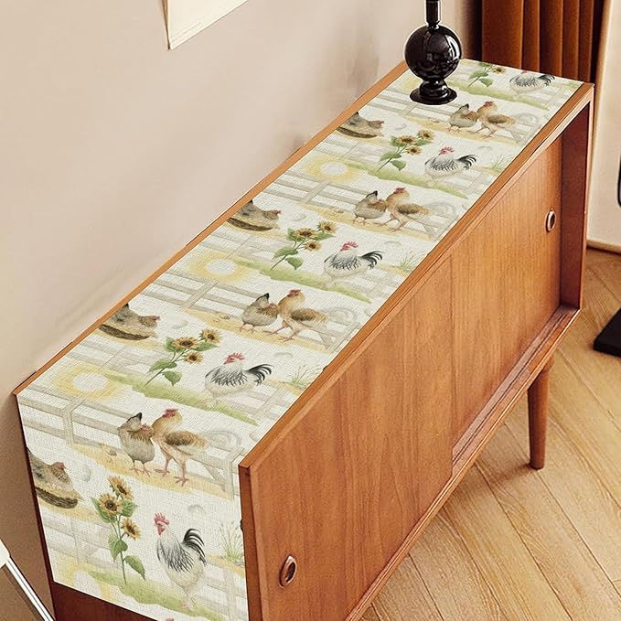 Farmhouse Rooster Table Runner, Sunflower Rooster Retro Farmhouse Sun Country Wooden Fence Chicken Coffee Table Center Decor for Home Kitchen Dining Patio Holiday Party Table Decorations 13"x90"