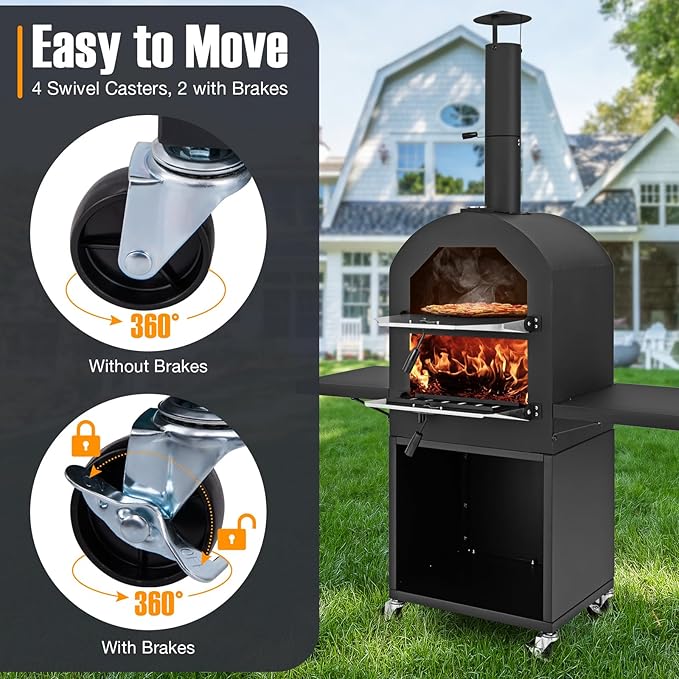 Giantex Pizza Oven Outdoor - Wood Fired Pizza Oven with 2 Side Tables, Pizza Stone, Pizza Peel, Cover, Cooking Grids, Pizza Maker on Wheels for Outside Charcoal Grill Backyard Party Camping