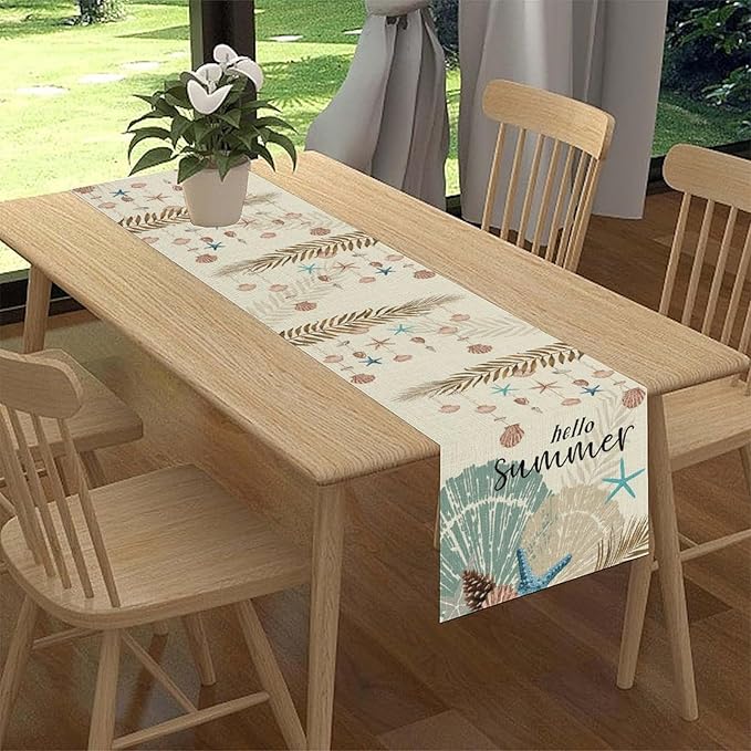 Nautical Coastal Table Runner, Rustic Starfish Seashells Tropical Leave Ocean Beach Hello Summer Farmhouse Coffee Table Center Decor for Home Kitchen Dining Patio Outdoor Table Decorations, 13"x36"