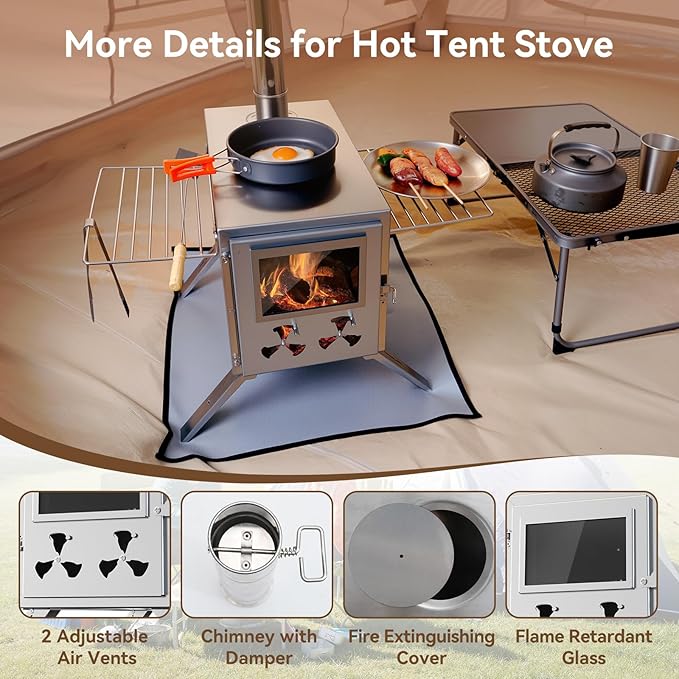Hot Tent Stove, Camping Wood Burning Stove with 8 Stainless Chimney Pipes, Folding Portable Wood Stove for Tent, Outdoor Heating, Cooking, Ice Fishing, Hunting
