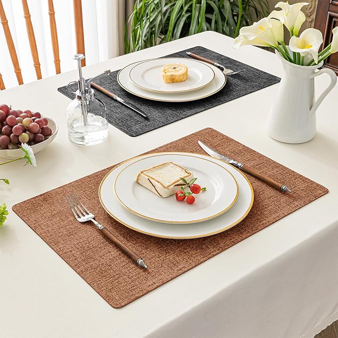 Romanstile Reversible Vinyl Placemats Set of 6, Faux Leather 100% Waterproof Oil-Proof Wipeable Place Mats, Heat Resistant Dual Sided Table Mats for Kitchen/Dining/Party (Grey Orange, 12 x 17 Inch)
