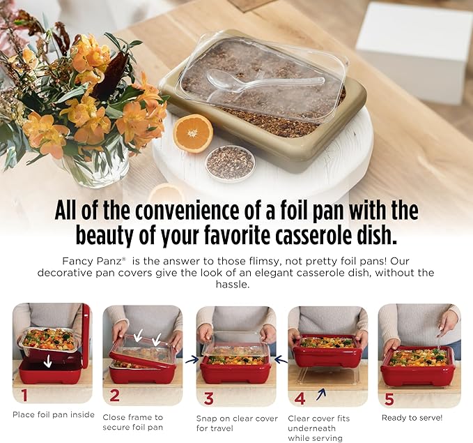 Fancy Panz - Marble 9x13x2" Aluminum Foil Pan Carrier with Lid - Elevated Food Serving Tray - Portable Casserole Carrier with Lid - Made in the USA Hosting Essentials
