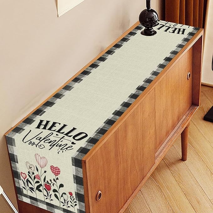 Valentines Day Table Runner,Vintage Rustic Black White Red Heart Buffalo Plaid Table Center Decor for Family Kitchen Living Room Outdoor Farmhouse Party Table Decorations, 13"x90"