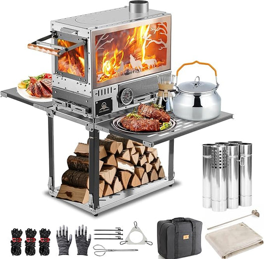 Heavy Duty M8 Wood Burning Stove with Oven, 2100 Cu In Large Firebox, 4 Air Inlets, Stainless Steel, Foldable Base & Ash Drawer, 6-Piece Chimney Pipe Kit for Outdoor Cooking, Camping, Off-Grid