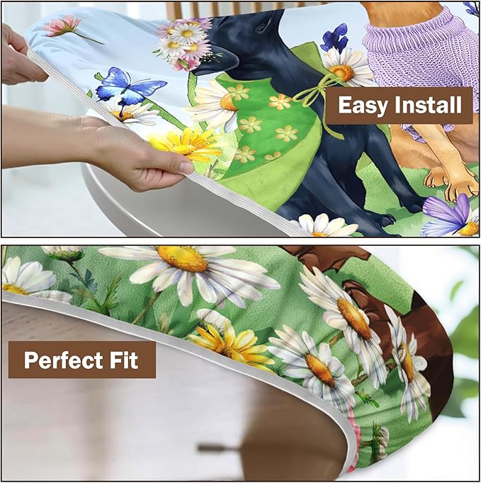 Spring Dogs Round Fitted Tablecloth with Elastic Colorful Floral Farmhouse Easter Circle Table Cloth for 40-44" Tables Wipeable Waterproof Outdoor Wildflowers Puppy Table Cover for Party Picnic Dining