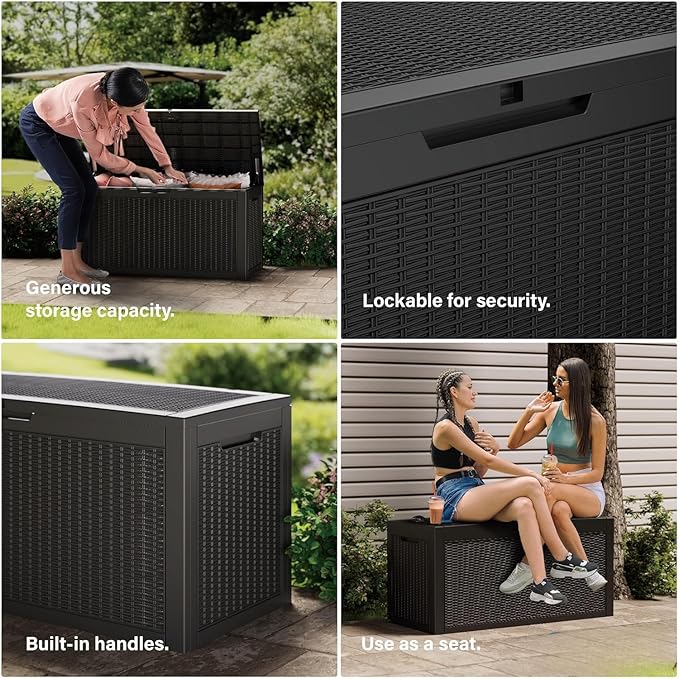 200 Gallon Resin Deck Box, Waterproof Outdoor Storage Box for Patio Furniture, Garden Tools, and Pool Accessories, Lockable UV-Resistant Storage Bin Bench Cabinet for Outside, Black