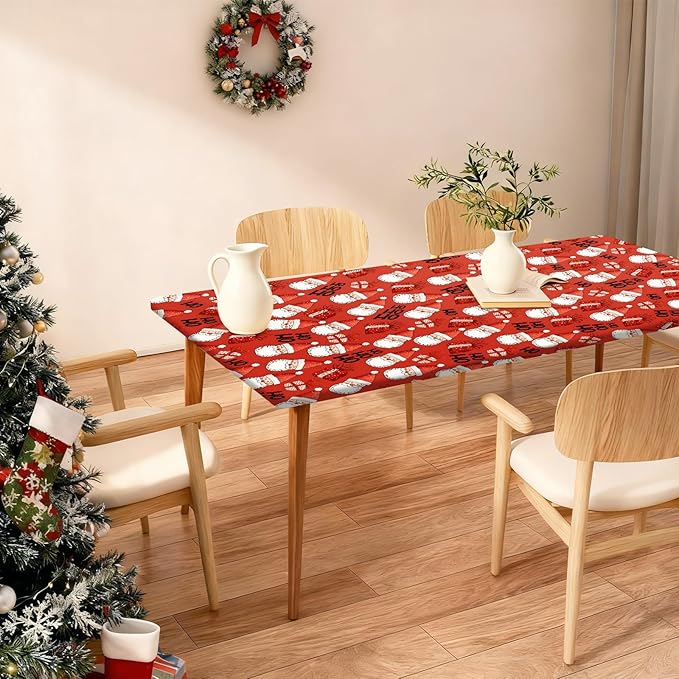 Rectangle Table Cloth Cover Waterproof Elastic Fitted Polyester Fitted Tablecloths for 8 Foot Tables for Indoor,Picnic, Camping, Outdoor （96" x 30"，Christmas Tablecloth）