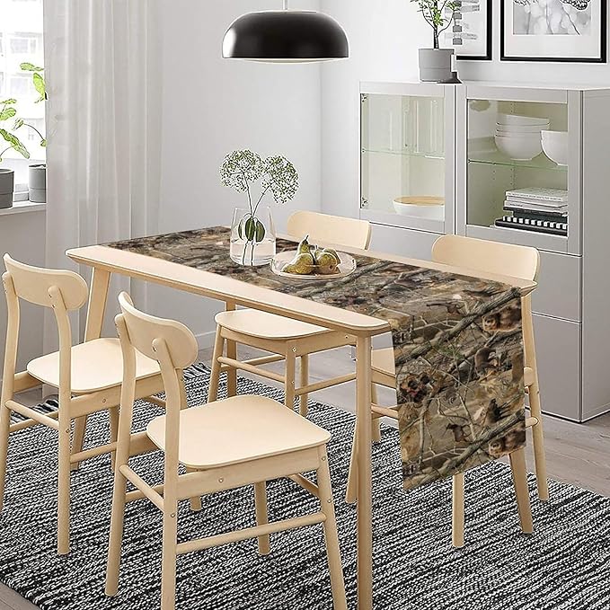 Forest Camouflage Table Runner, Camo Rustic Wildlife Animal Hunting Deer Elk Bird Bear Table Runner for Party Kitchen Dining Banquet 13x70in