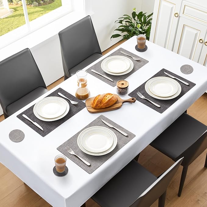 MOSAYT Placemats Set of 4, Heat Resistant Vinyl Place Mats with Coasters, Waterproof Wipeable Washable Faux Leather Table Mats for Kitchen Dining Party Indoor Outdoor, 12" x 17", Dark Light Grey