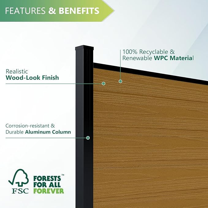 Mondaria Fence Privacy Screen with 8ft In-ground Posts, 6ft(H) x42ft(W) Wood Plastic Composite Fence Panels Weather-Resistant Outdoor Fence for Backyard/Garden (Yellow Teak, 8 Posts)