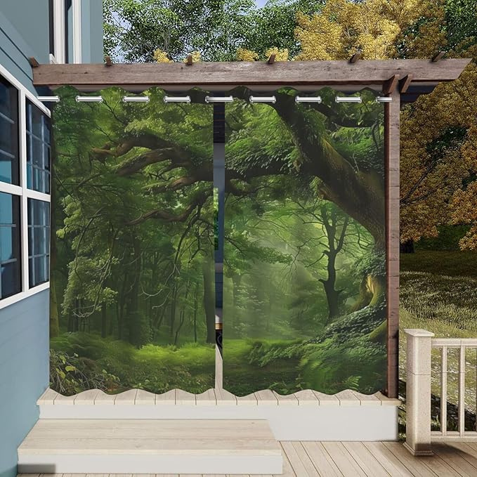Nature Theme Waterproof Indoor/Outdoor Curtains,Forest Pattern,Waterproof, Privacy, Grommet Curtains for Patio, Pergola, Porch, Deck, Lanai, Cabana,2 Panel,W42 x L63,Green