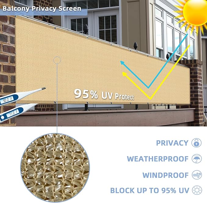3'x16.4'Balcony Privacy Screen Cover Fence Cover UV Protection Weatherproof Windscreen Heavy Duty for Patio, Backyard,Sand