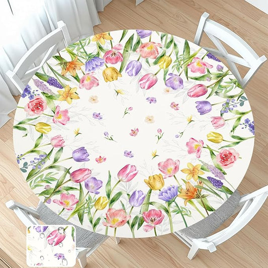 Spring Summer Easter Round Fitted Tablecloth with Elastic Edge Tulip Lavender Floral Circle Table Cloth for 40-44" Tables Wipeable Waterproof Farmhouse Flowers Table Cover for Picnic Dining Outdoor