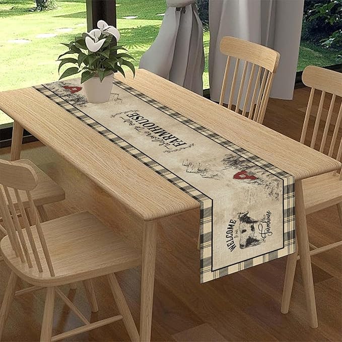 Farmhouse Table Runner, Rustic Country Barn Cottage Rooster Cow Check Animal Coffee Table Center Decor for Home Kitchen Dining Patio Holiday Party Indoor Outdoor Table Decorations 13"x90"