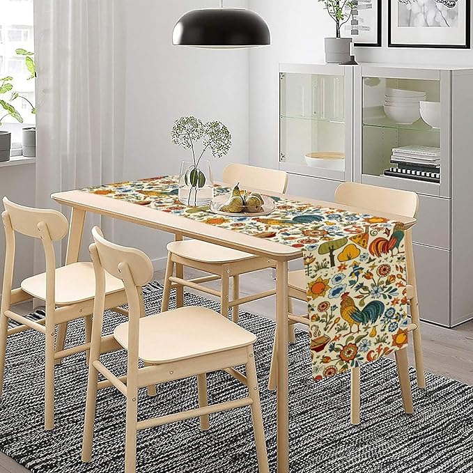 Farm Animal Table Runner, Boho Folk Style Country Rustic Farmhouse Rooster Flower Print Table Runner for Home Kitchen Dining Holiday Decor, 13x70inch