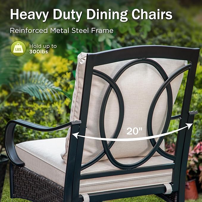 PHI VILLA Patio Chairs Set of 2, Heavy Duty Outdoor Metal Wicker Dining Chair with Thick Cushions, Large All Weather Wrought Iron Deck Chair for Outisde, Porch Backyard, Support 300lbs