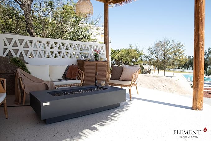 Elementi+ | Bundle Positano Gas Fire Pit Cast Concrete 60" Rectangular Fire Table, Outdoor Fire Pit Electronic Ignition | Canvas Cover, Fire Glass and Burner Lid Included | Dark Gray | Natural Gas