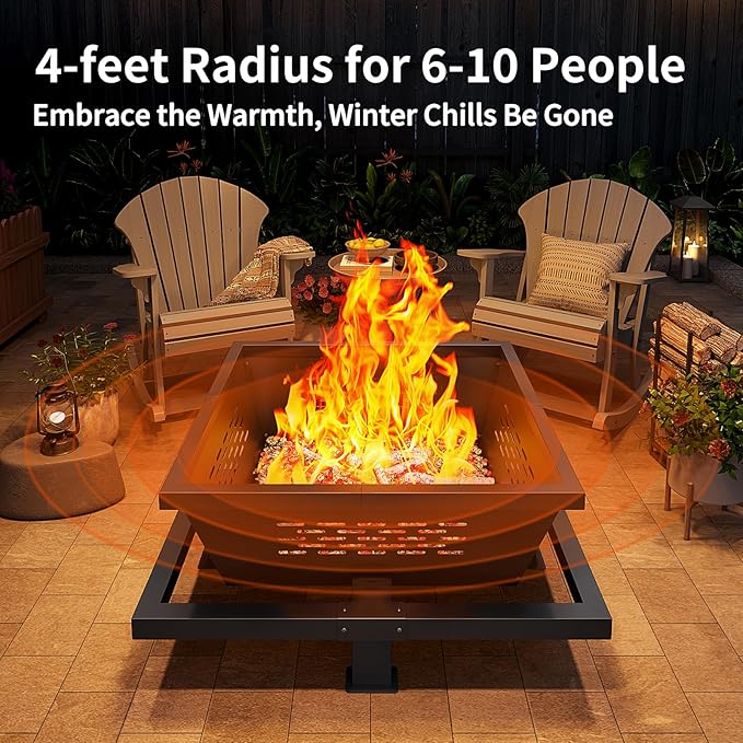 36 inch fire Pit, Square Outdoor Fire Pit with Poker, Wood Burning Fire Pit for Camping, Backyard, Patio