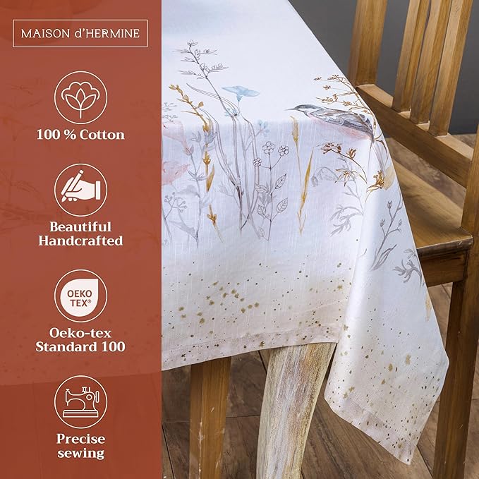 Maison d' Hermine Table Cloth Rectangle Table 100% Cotton 60 x 120 Inches Tablecloth Reusable for Dining Room, Farmhouse, Home, Party, Festive & Wedding Spring Summer - Meadow Florals - Beige