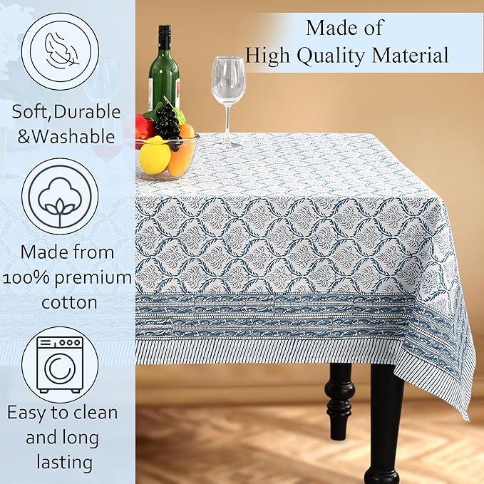 CPC Indigo Regal Tablecloth 100% Cotton 70x108 Inch Indian Block Print Rectangle Table Cover, Table Cloth for Gifting in Weddings, Halloween, Fall, Christmas, Thanksgiving