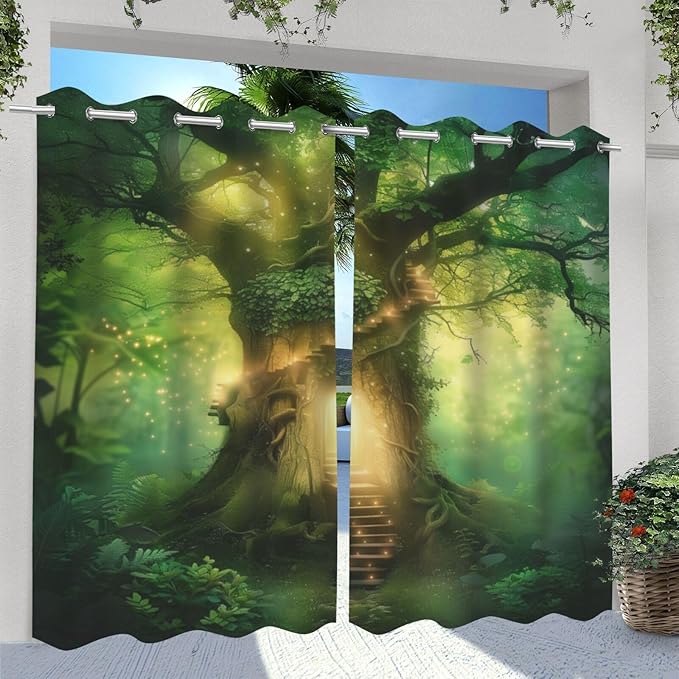Fantasy Theme Waterproof Outdoor Curtains for Patio,Forest Pattern,Light Filtering Curtains Outside Curtains for Porch, Gazebo, Pergola, Backyard,2 Panels,W54 x L84,Green
