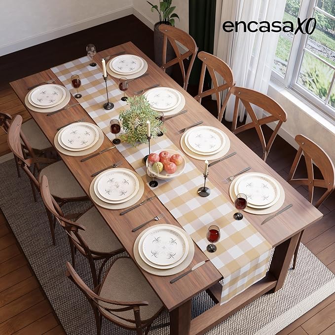 Encasa XO Cotton Dining Table Runner | Buffalo Beige Checks | Size 13x91 in - Machine Washable & Durable