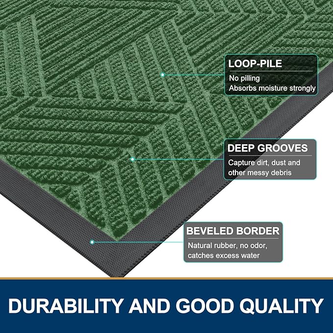 Smiry Front Door Mat Outside Entrance, Heavy Duty Sturdy Natural Rubber Doormat, Trap Dirt and Moisture, Easy Clean Low Profile Mats for Indoor Outdoor Entry, Irregular Triangle (36x24, Green)