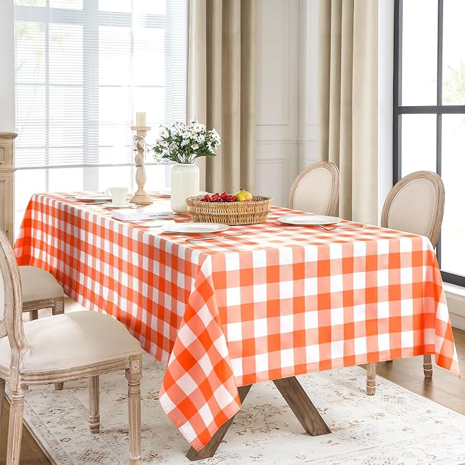 Softalker Gingham Checkered Tablecloth Rectangle - Outdoor Waterproof Buffalo Plaid Table Cloth, Stain Resistant Washable Table Cover for Picnic, Camping, Dining - Orange and White, 54 x 120 Inch