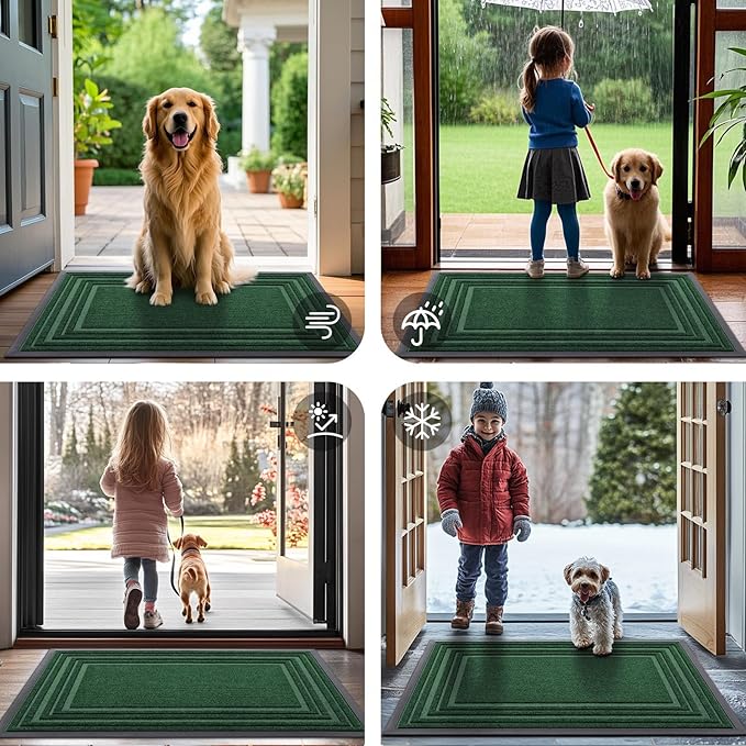 Buganda Front Door Mat Indoor Outdoor Entrance, Non-Slip Natural Rubber Doormats, Easy Clean, Low Profile, Dirt Trapper Entryway Floor Mats for Outside, Garages and Patios, 36x24, Green