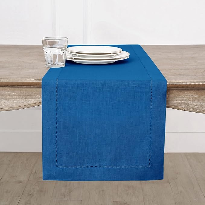 Solino Home Linen Indigo Blue Table Runner 90 Inches Long - 100% Pure Linen 14 x 90 Inch Table Runner for Winter, Spring, Easter - Classic Hemstitch